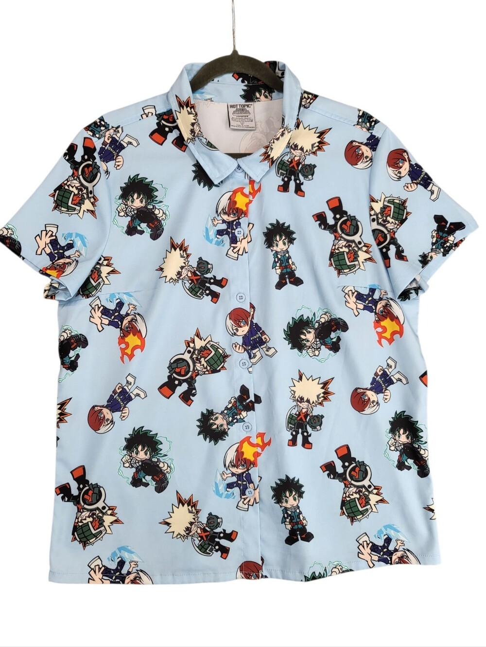 Hot Topic My Hero Academia Chibi Button Up Shirt Light Blue Anime Deku Size XL